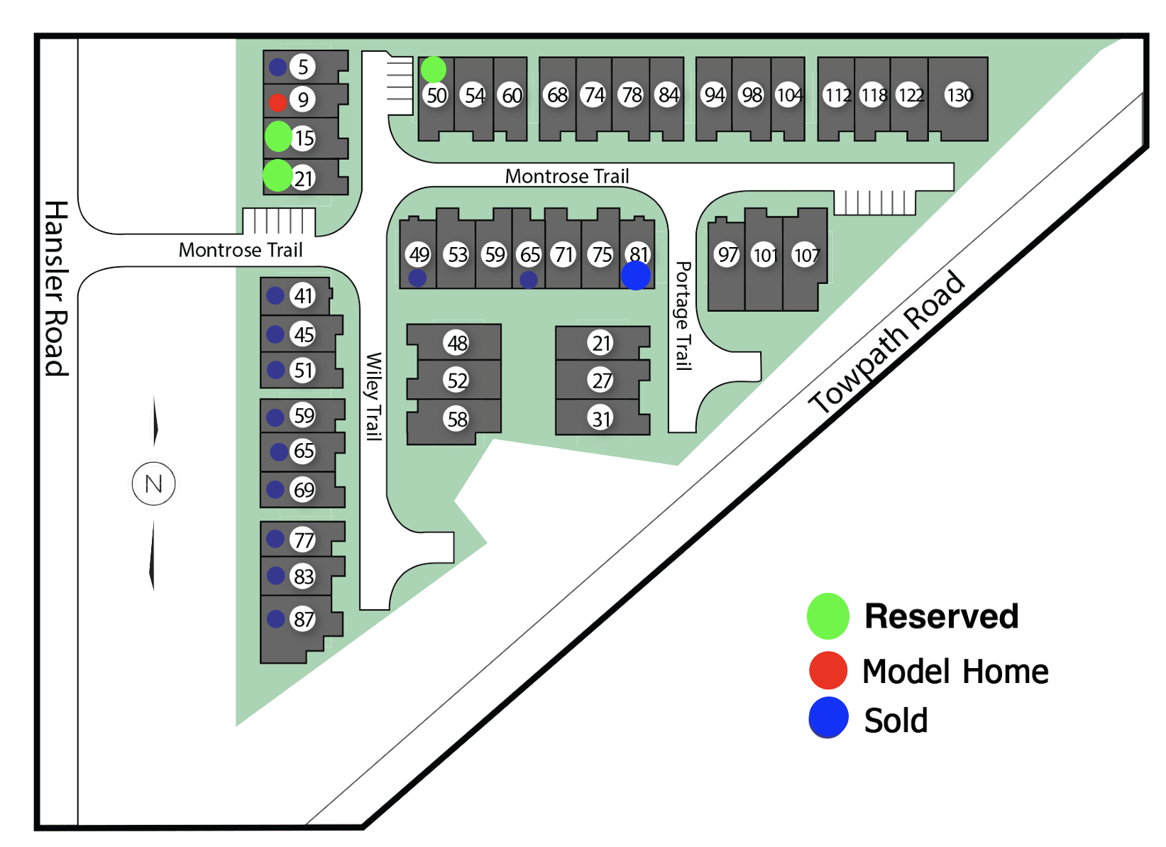 Hansler Village site plan showing all bungalow townhome units, streets, and availability